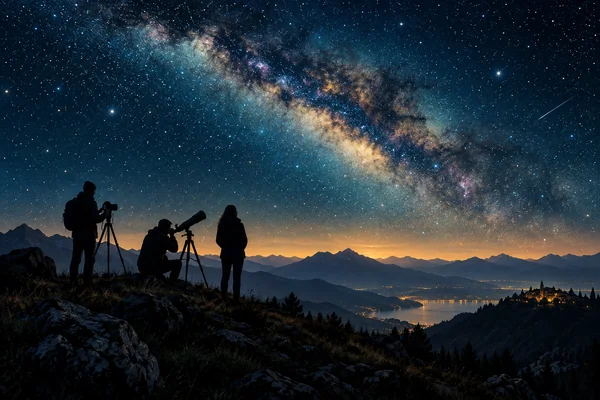 Astrofili con telescopio e fotocamera sotto la Via Lattea
